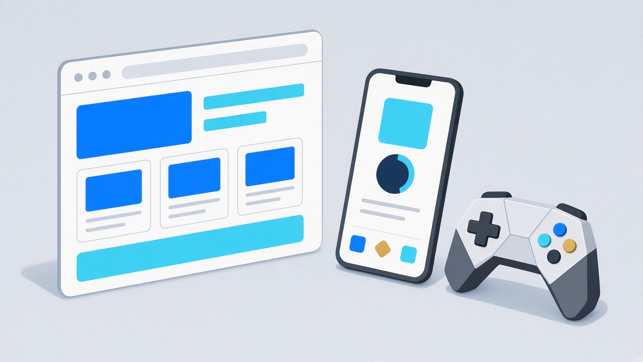 A website layout, a phone, and a game controller