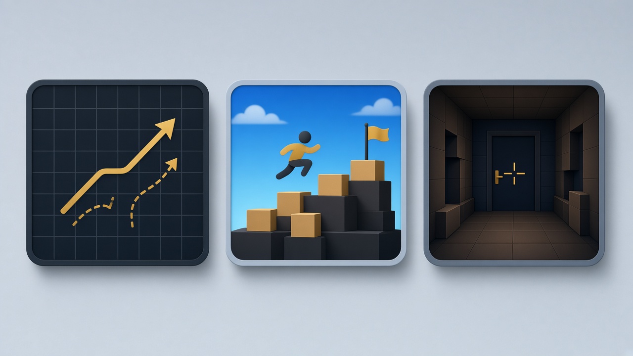 Three game screens: arrows, a jump, and a corridor