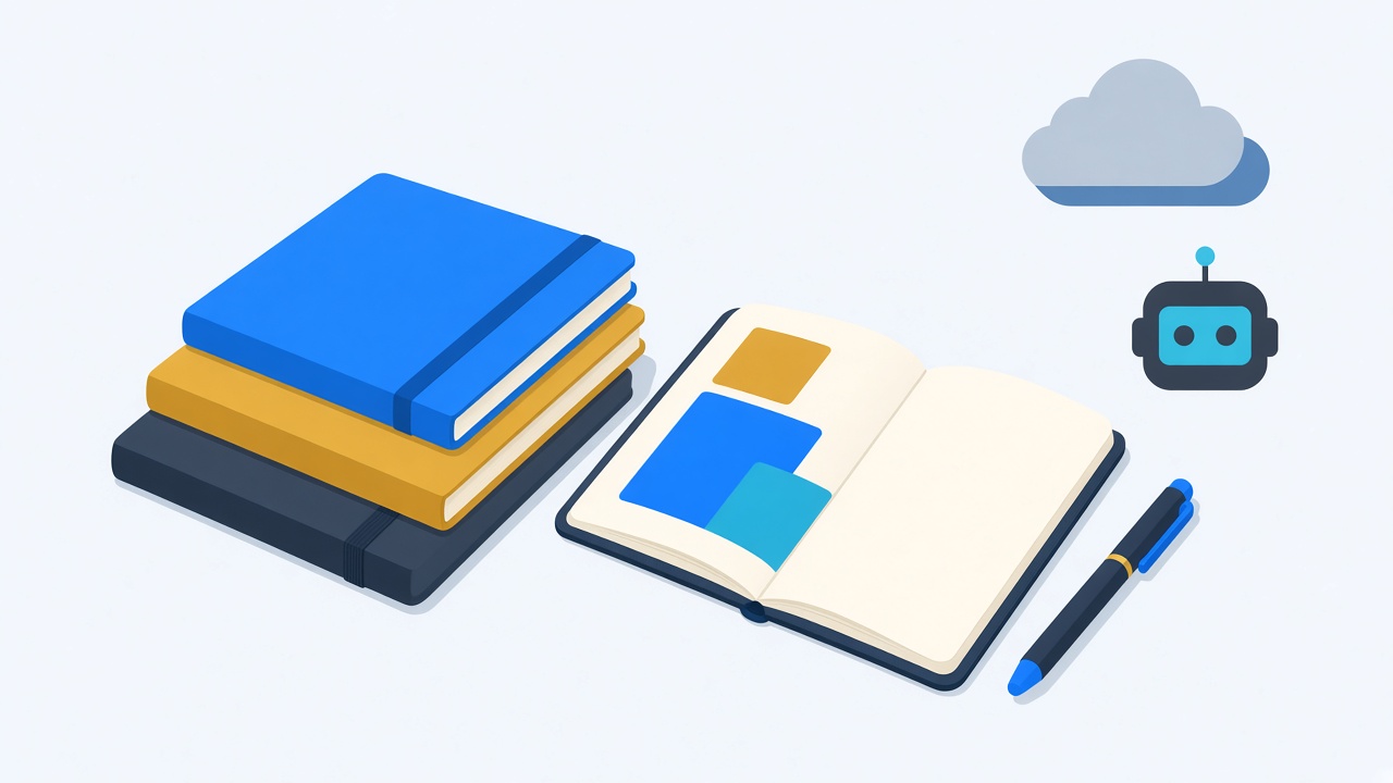 Notebooks, a pen, a cloud, and a small robot