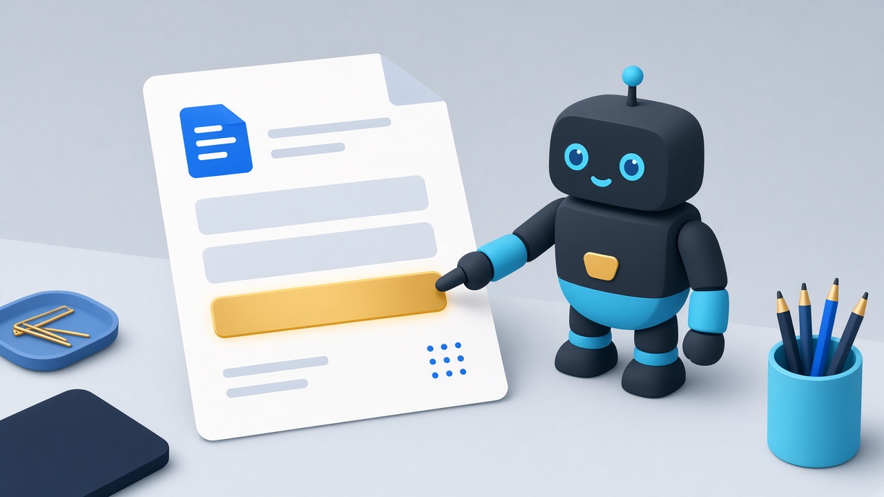 A small robot pointing at a highlighted field on a form