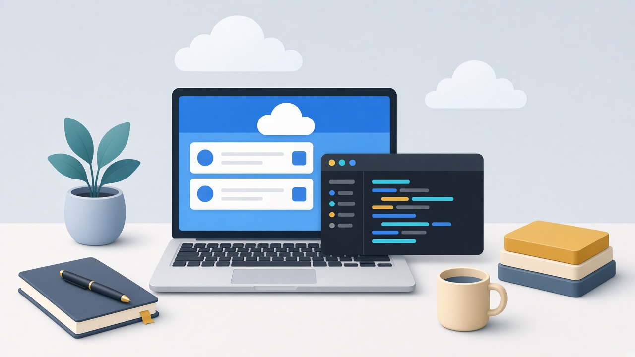 A laptop with a cloud window beside a code editor